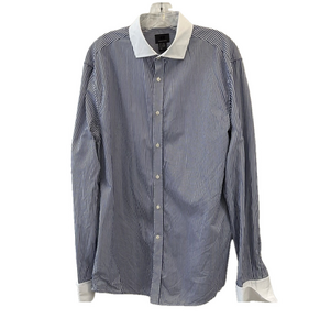 H&M 100% Cotton Navy Blue White Striped Dress Shirt French Cuffs Men’s L 16 1/2
